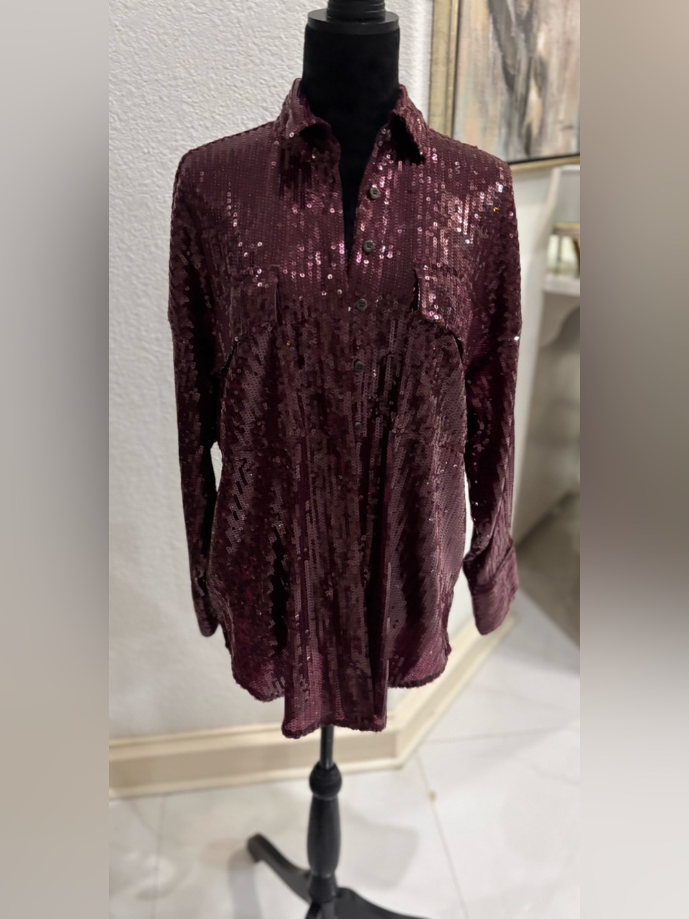 Pilcro Sequined Button-Down Shirt in Deep Burgundy
